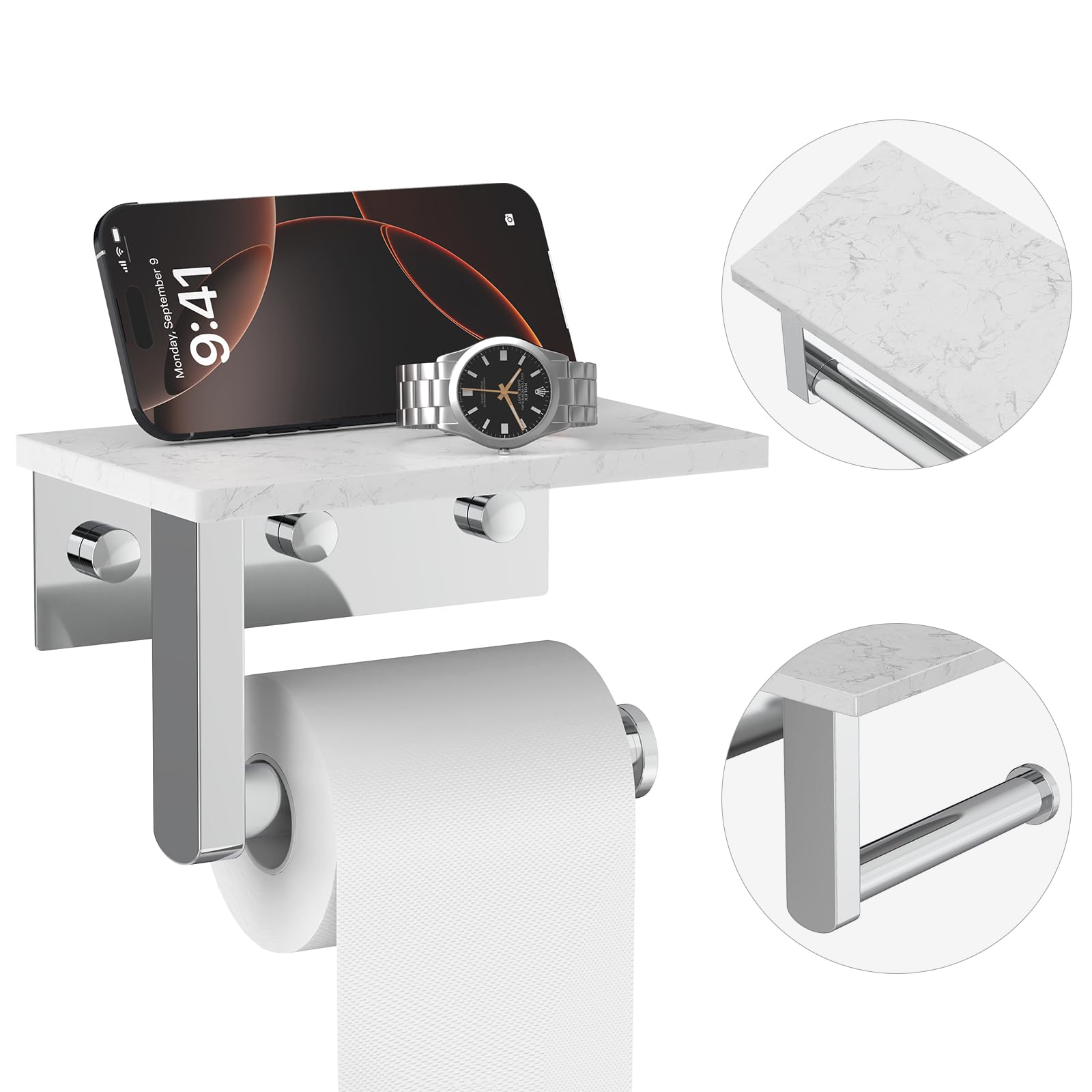 Chrome Toilet Paper Holder with Marble Shelf Tissue Roll Holder — Amazon image 9