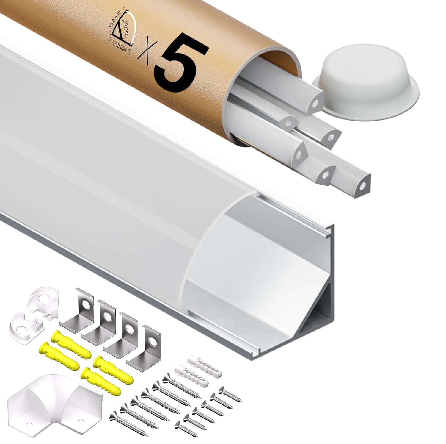 Profilo LED 45 gradi per strisce LED, 2 m x 5 pezzi 10 m, dimensioni 15,8 mm x 15,8 mm, per strisce LED con una larghezza inferiore a 10 mm, con accessori di montaggio