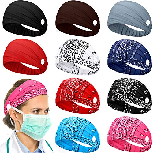 10 Pieces Paisley Print Headbands Elastic Wide Bandana Headbands Stretchy Headwrap for Women Girls Yoga Outdoor Activities (Headbands with Buttons)