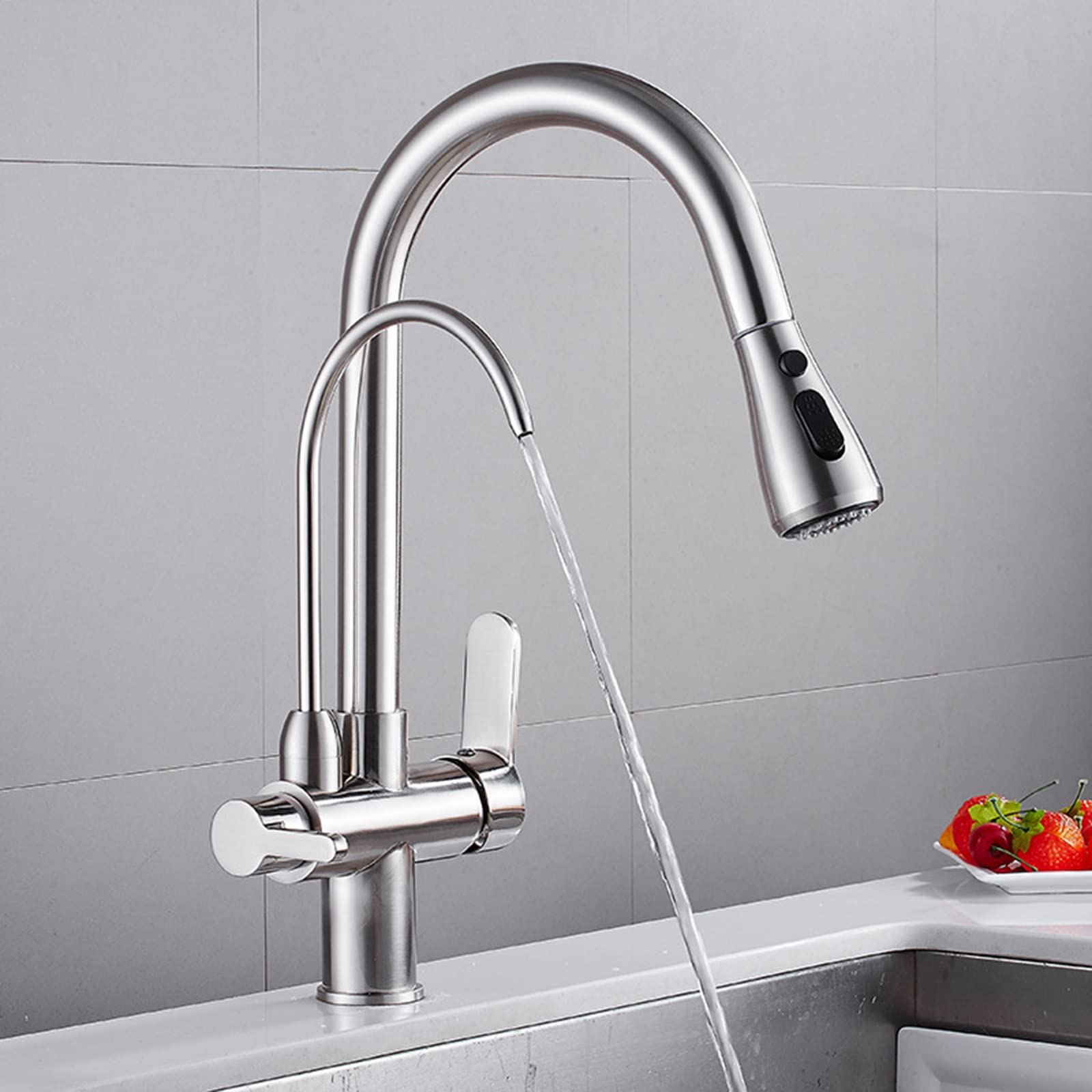 Grifo Osmosis 3 Vias Grifos Cocina Fregadero Extraible 2 Modos Grifo 3 Vias Osmosis Extraible Giratoria 360° Arco Alto Grifo Mezclador Cocina Grifería Fregadero,Cepillado