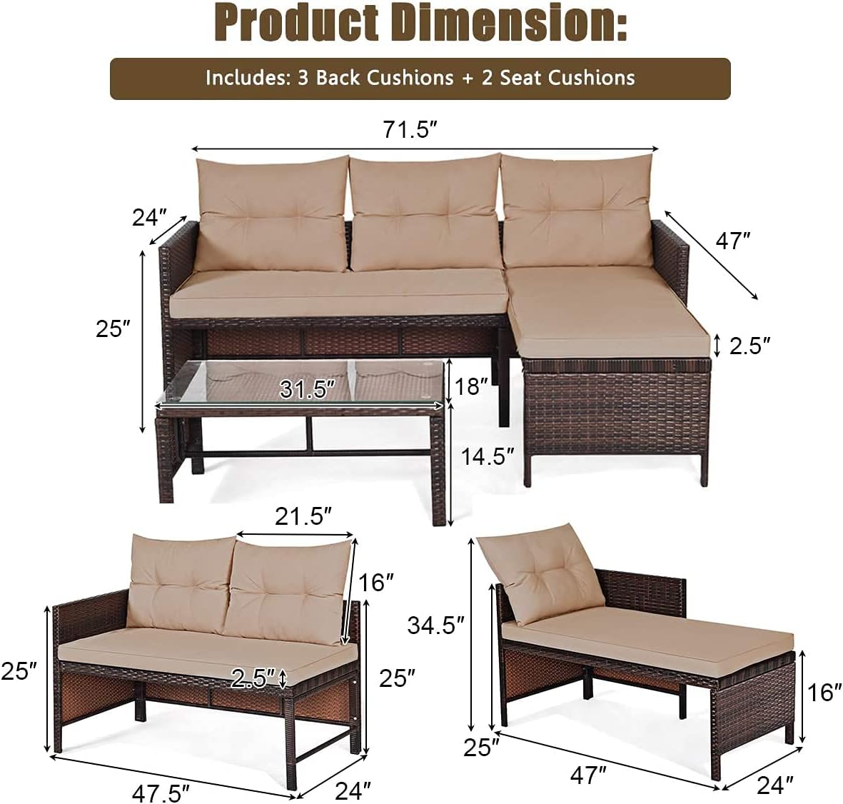 Fireflowery 3-Piece Outdoor Rattan Sectional Sofa Set, Patio Wicker Rattan Conversation Furniture Set, Steel Frame & Seat Cushion, Perfect for Garden Lawn Pool Backyard (Brown)