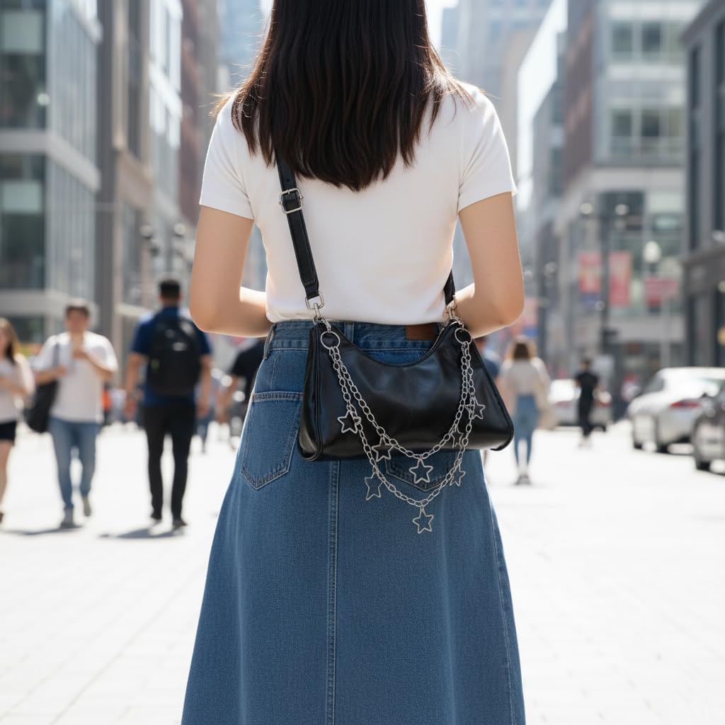 Punk Star Pants Chain Silver Double Layer Jean Chain Belt Wallet Chain for Women Men, Y2K Goth Hip Hop Grunge Waist Chain Bag Chain Emo Jeans Accessories