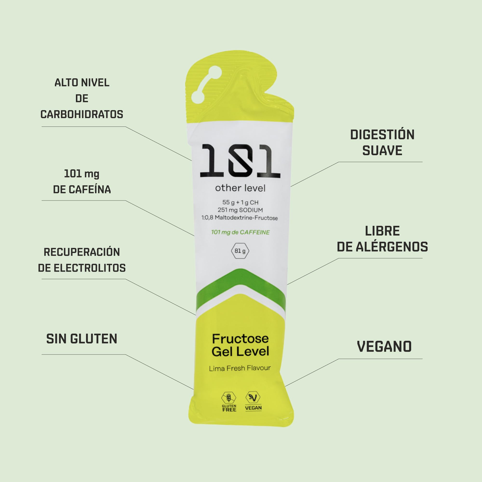 Gel Energetico Lima con Cafeina - Pack 24 Geles x 81g - Geles Energeticos Ciclismo - Rico en Carbohidratos 56 g Maltodextrina y Fructosa - SIN GLUTEN - Vegano
