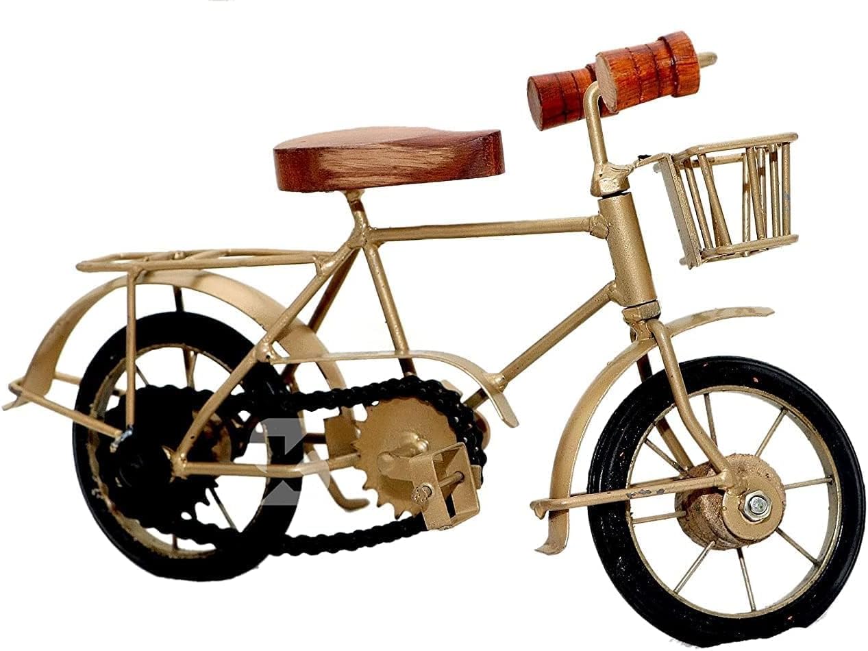 Decorative Miniature Bicycle Model, Gold Metal and Wood, Vintage Style Showpiece
