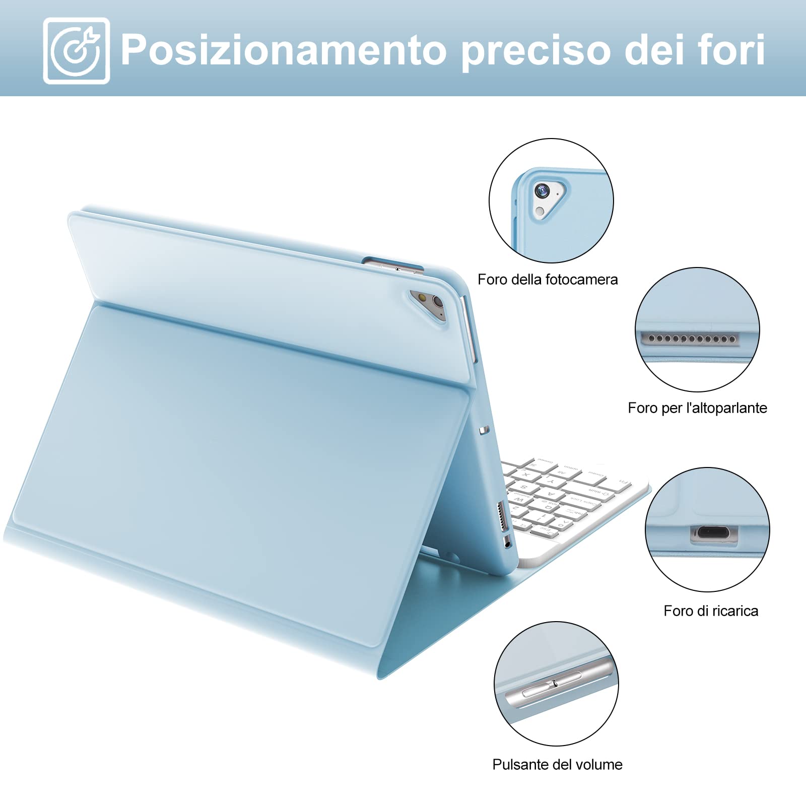 Custodia per tastiera per iPad 9a 8a 7a generazione Air 3 Pro 10.5, con funzione magnetica staccabile Bluetooth tastiera a colori, Smart Folio cover con portapenne (blu misty