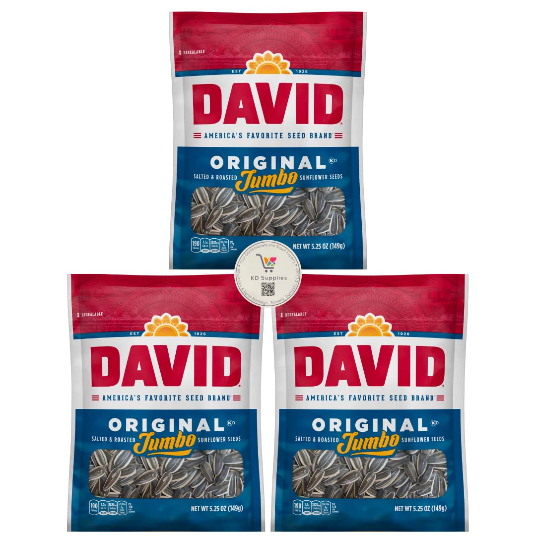 David's Salted & Roasted Sunflower Seeds, (Pack of 3) 5.25 oz Bags (Jumbo Original)