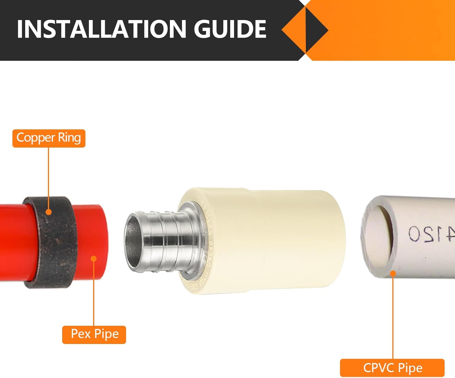 10-Pack HeSun 3/4-Inch CPVC Transition Coupling, 3/4" PEX x 3/4" CPVC Brass Crimp Pex Fittings, ASTM F1807(PEX1807342)