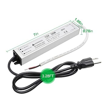 30W 12 Volt LED Power Supply, Waterproof IP67 LED Driver, 110V AC to 12V DC Converter, LED Transformer Low Voltage Output with 3-Prong Plug 3.3 Feet Cable for Light Strip, 2.5Amp