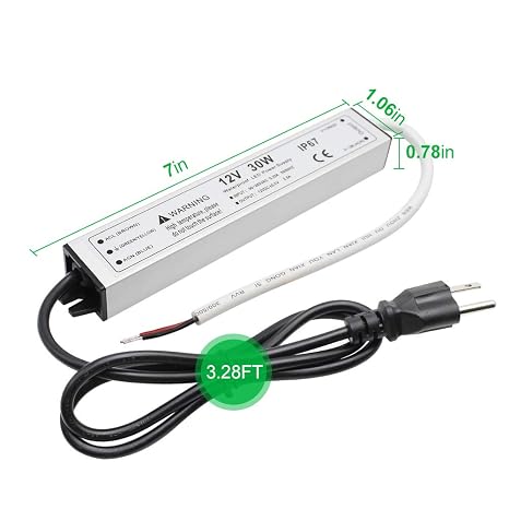 30W 12 Volt LED Power Supply, Waterproof IP67 LED Driver, 110V AC to 12V DC Converter, LED Transformer Low Voltage Output with 3-Prong Plug 3.3 Feet Cable for Light Strip, 2.5Amp