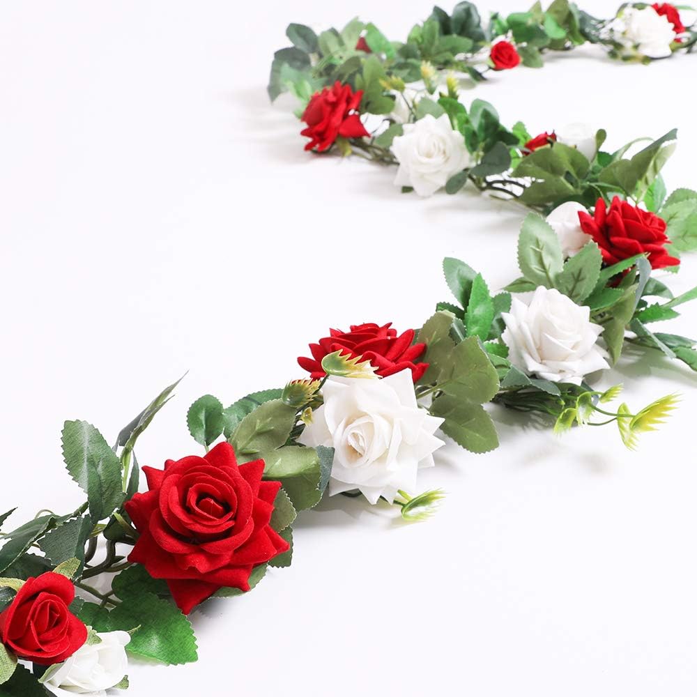 Floweroyal 2pcs Artificial Rose Vines 5.5ft Velvet Flowers for Garland Hanging and Wedding Decor (Red and White) - Image 3