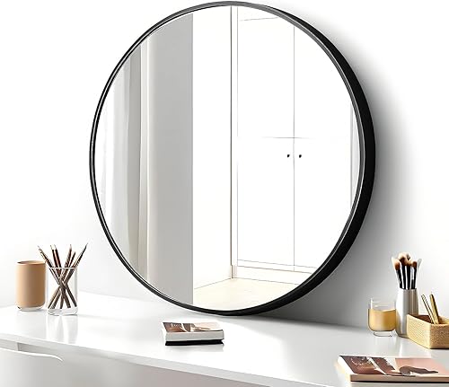 Miniatura 7 de Espejo redondo de 20 pulgadas montado en la pared para colgar o contra la pared, marco de metal, espejo de maquillaje para entrada, dormitorio,