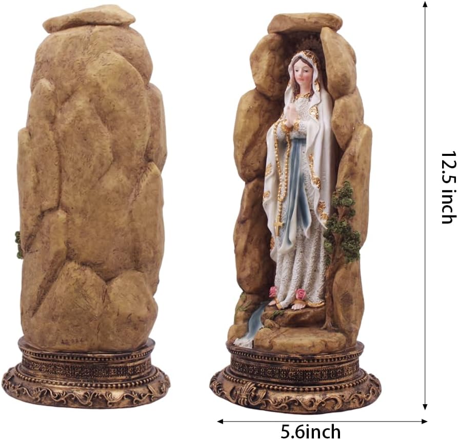 MeritMode Virgin Mary Collectible Figurines - Our Lady of Lourdes in Grotto Design, Handcrafted Resin Religious Gifts Decor for All Faiths, 12.5" H