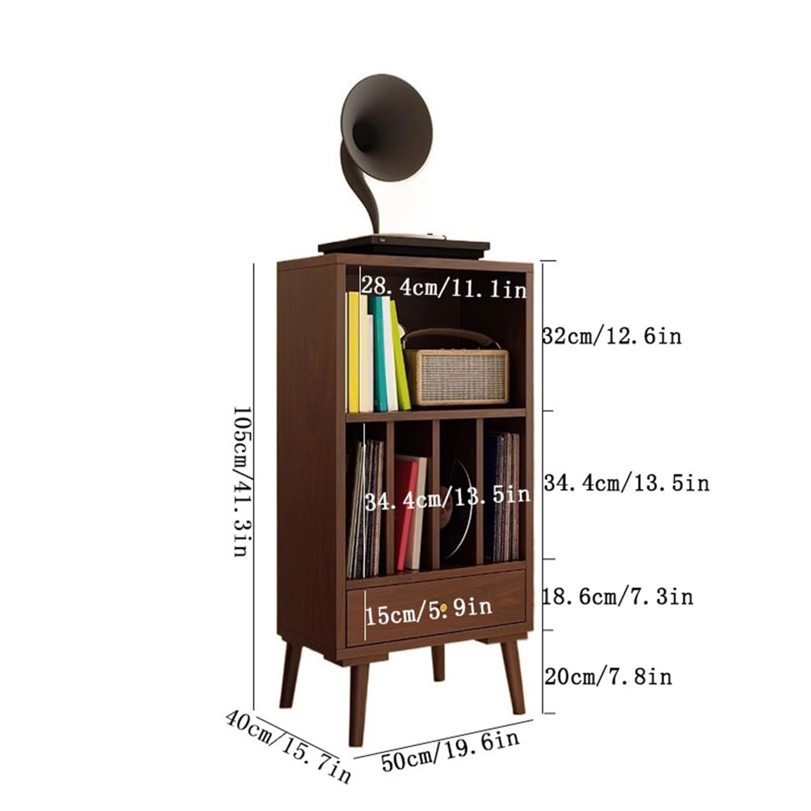 Rack per dischi Mobiletto basso in legno for dischi in vinile con cassetti, espositore portaoggetti(Nero)