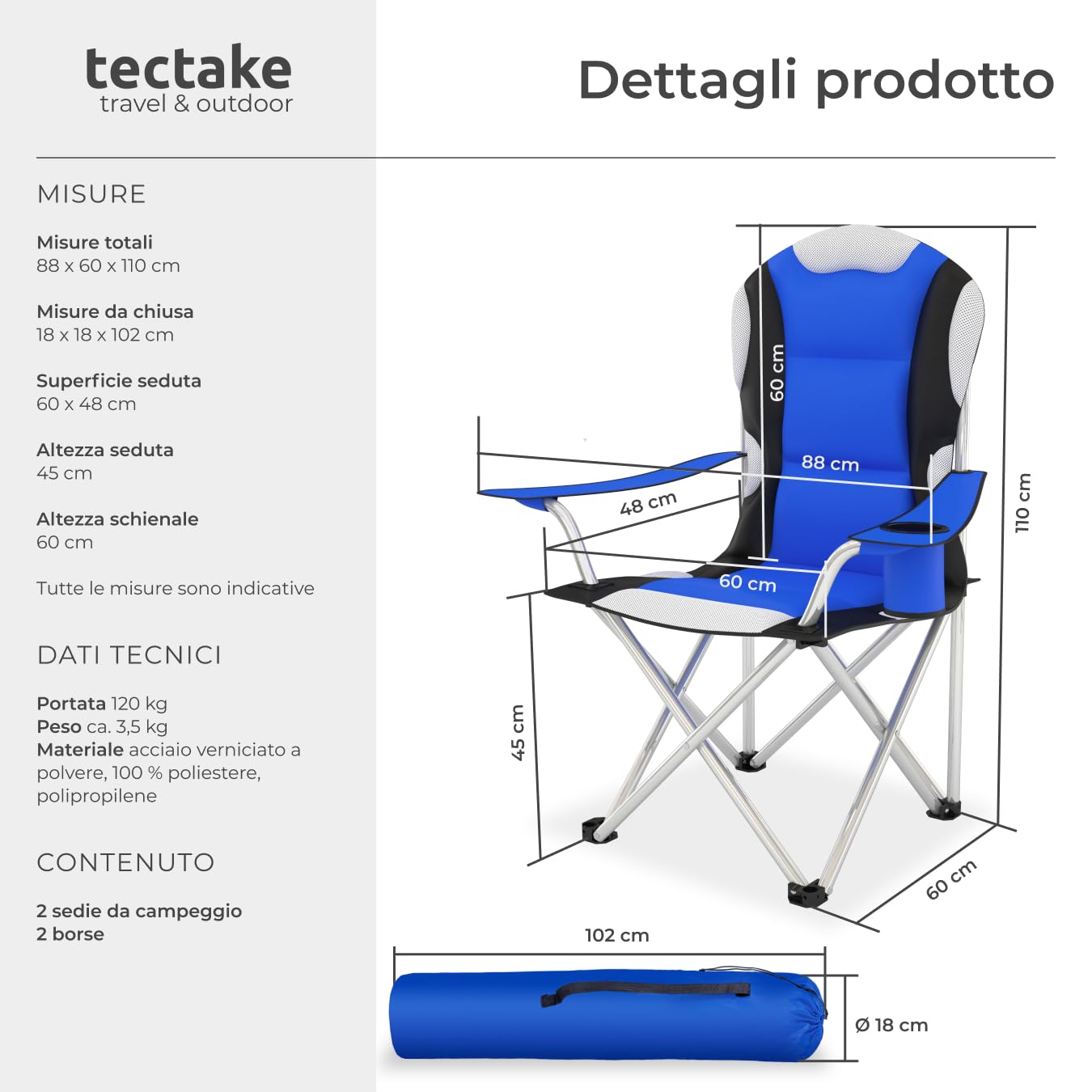 Tectake Sedia da Campeggio Pieghevole Imbottita con Tessuto a Rete e Porta Bevande