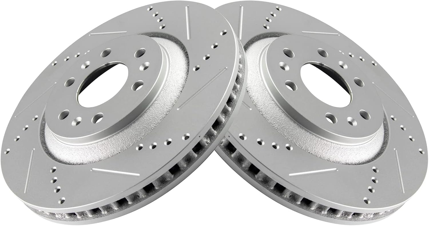 TRQ Front Brake Rotor Set G Coated Drilled and Slotted Vented Compatible with 2004-2009 Cadillac SRX