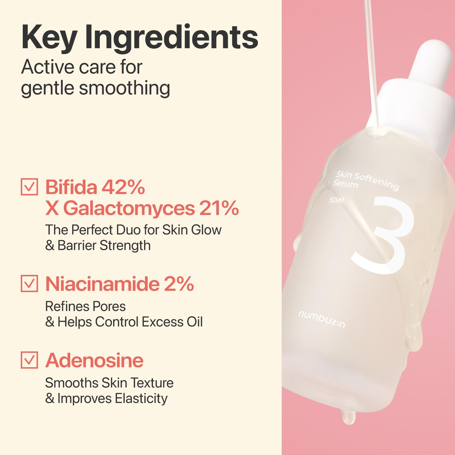 numbuzin No.3 Skin Softening Serum, Fermented Serum for Skin Texture & Pores, Bifida & Galactomyces, Niacinamide, Adenosine, Panthenol, Fragrance-Free, 1.69 fl oz (50ml) - Image 3