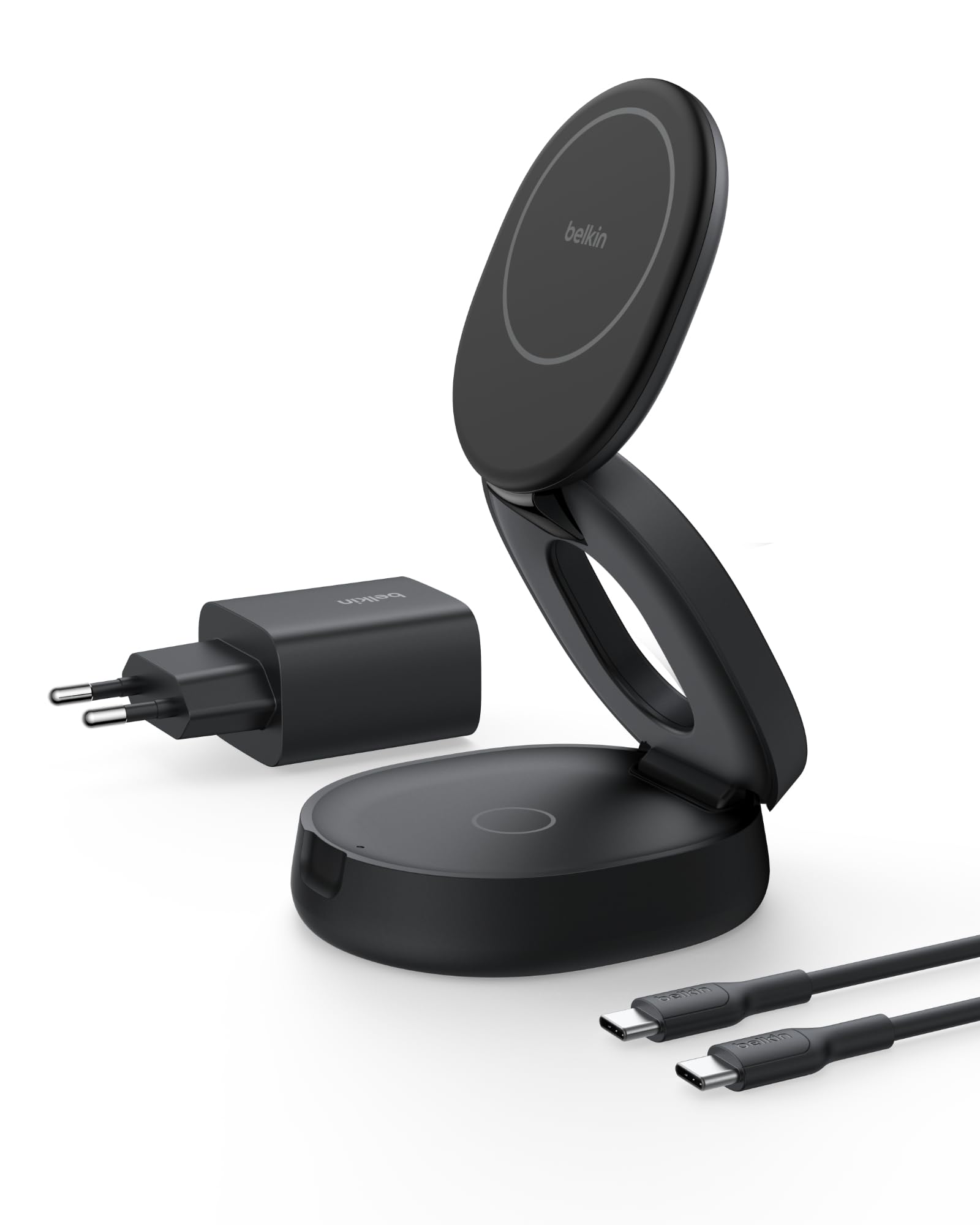 Belkin 2 in 1 Caricatore Wireless, Stazione di Ricarica Wireless 15 W, Caricatore Qi2 con MagSafe per iPhone 16 e AirPods, base piena antiscivolo, alimentatore da 30W - Nero