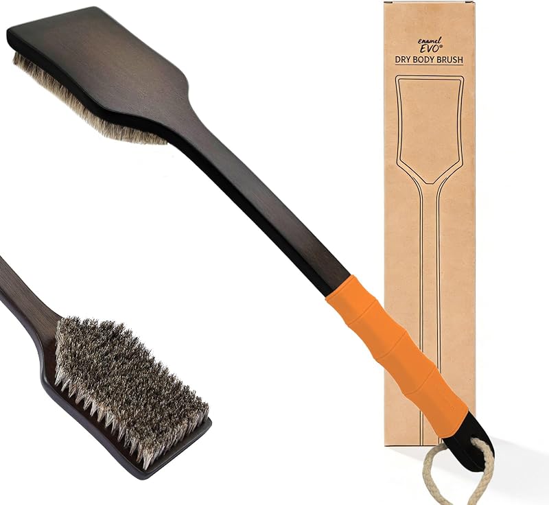 Escova para banho e corpo EnamelEVO com cabo curvo de 44,96 cm, cerdas naturais, laranja, Medium