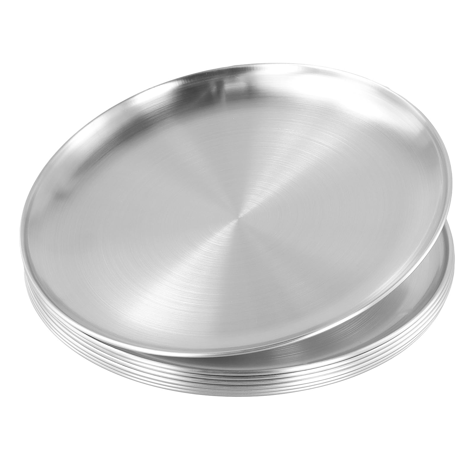 FUNSUEI 8 Pezzi Teglia per Pizza in Acciaio Inox, Piatti Rotondi 26 cm, Argento, Stoviglie Portatili per Campeggio, Cucina, Feste, Picnic e BBQ