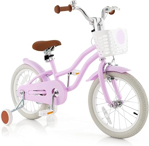 Miniatura 15 de COSTWAY Bicicleta para niños de 12, 14, 16, 18 pulgadas, bicicleta para niños con ruedas de entrenamiento, frenos de mano y posavasos, sillín y