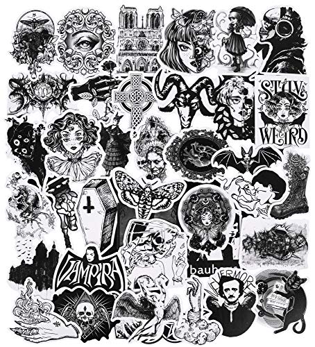 50Pcs Gothic Stickers for Water Bottles, Waterproof Vinyl Black White Horror Gothic Stickers Cool Stickers for Laptop Skateboard Computer Phone Car Punk Stickers(Gothic Decor)