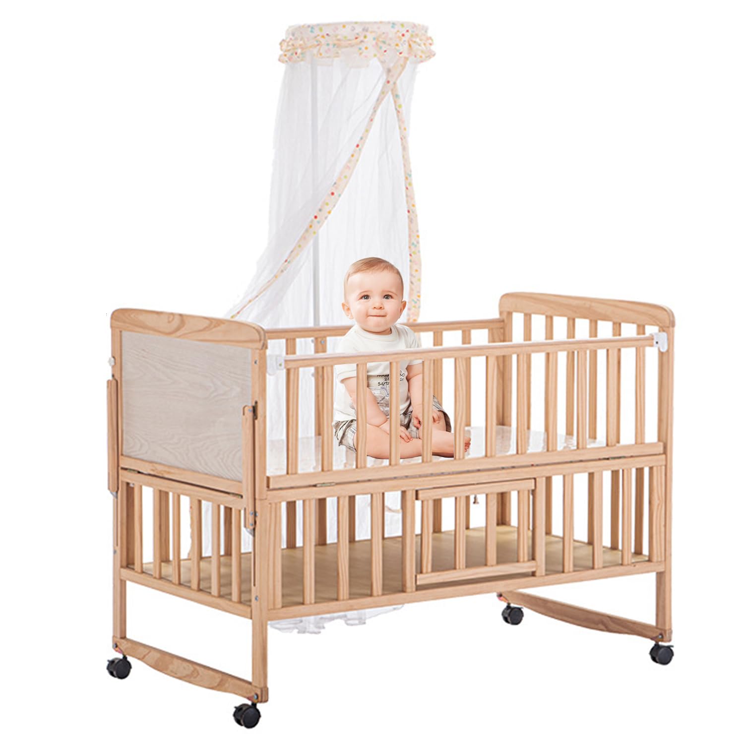 LIODUXLIODUX 4-in-1 Natural Wooden Baby Crib, Crib for Baby with Storage Basket and Changing Table, Bedside Sleeper Baby Bassinet Fits for Newborn Infants to Toddlers (With Mattress and Mosquito Net)