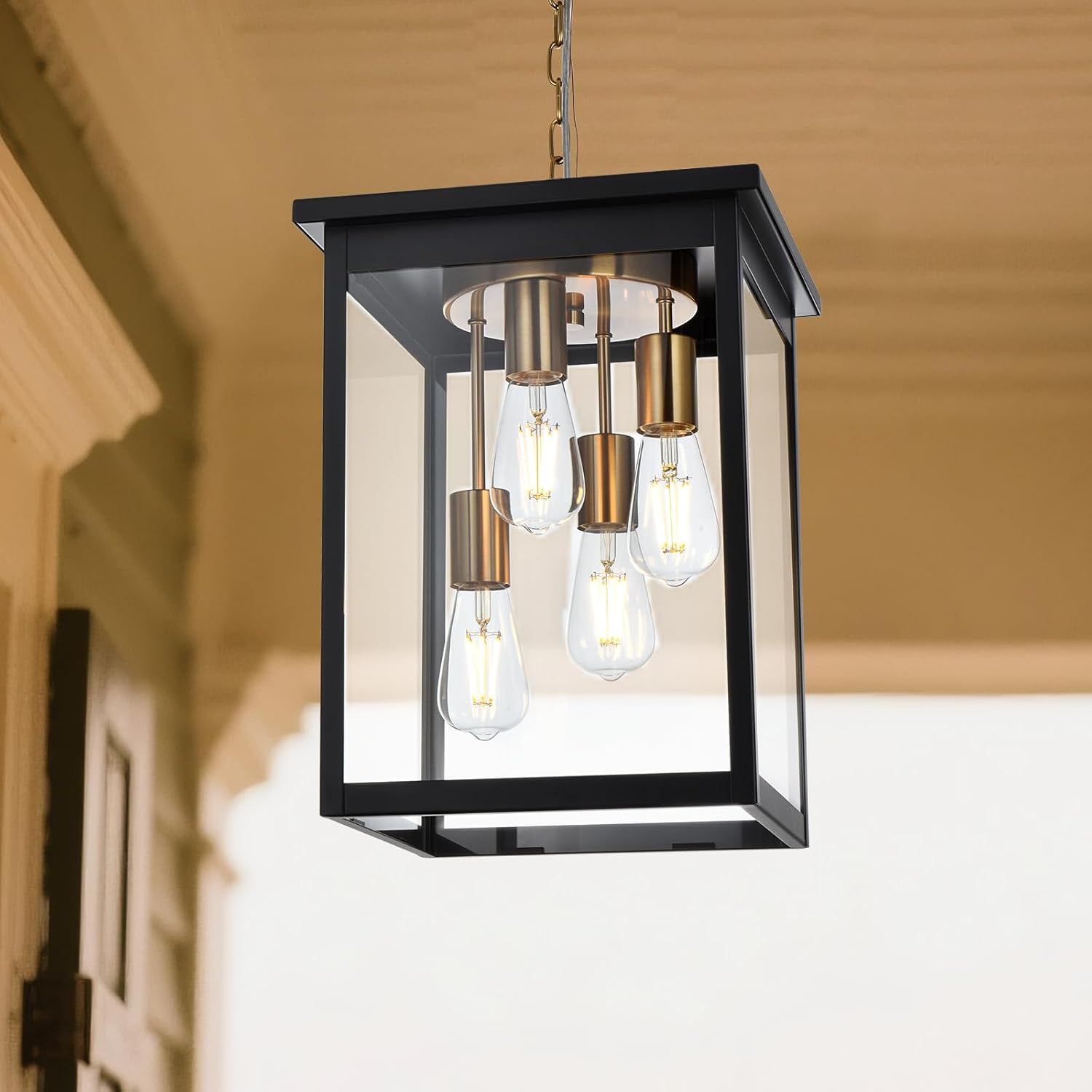 yaohong large outdoor pendant light, 4-lights black and brushed brass exterior hanging porch chandelier lantern with clear glass, outdoor ceiling light fixture for entryway gazebo patio black & brushed brass e26, 4 light