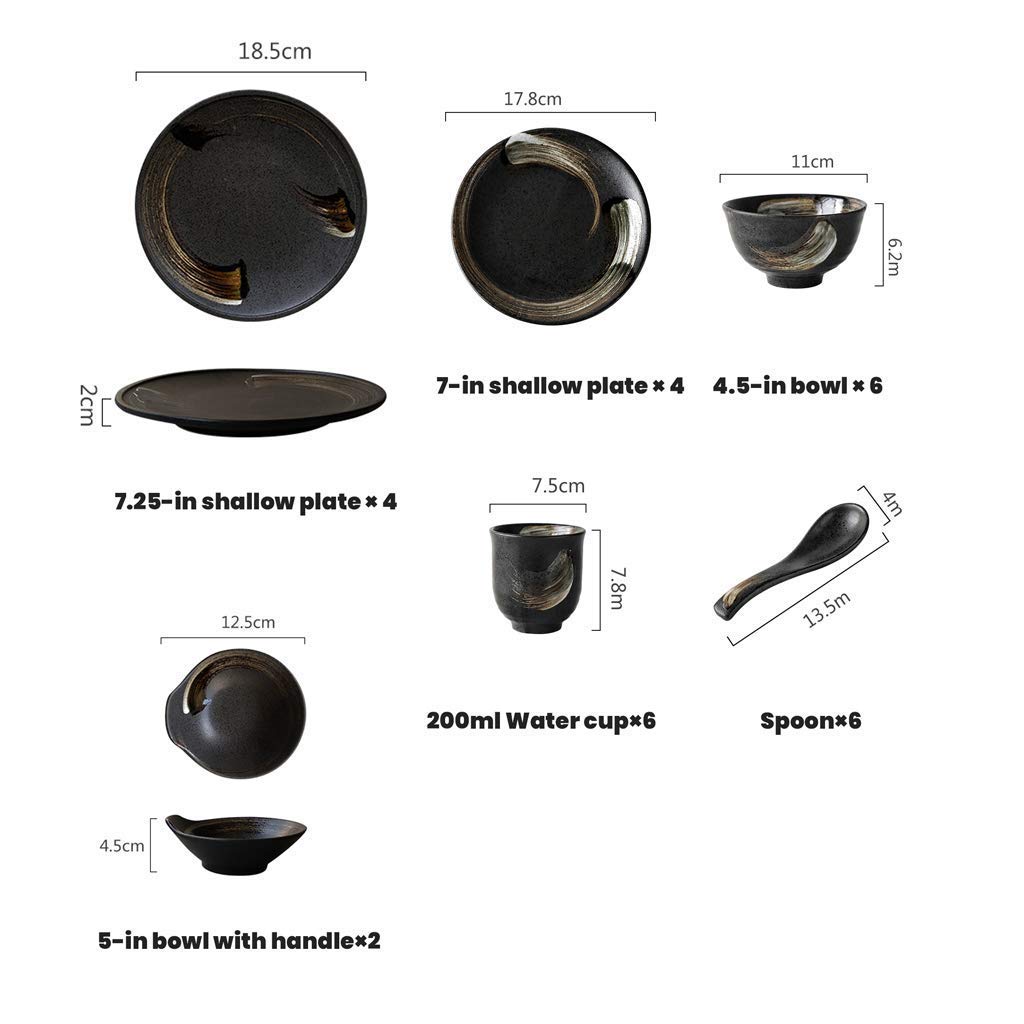 Japoński retro 28-częściowy ceramiczny zestaw zastawy stołowej czarne złote okrągłe talerze i miski porcelanowa zastawa stołowa do domu i restauracji nadaje się do kuchenki mikrofalowej i zmywarki