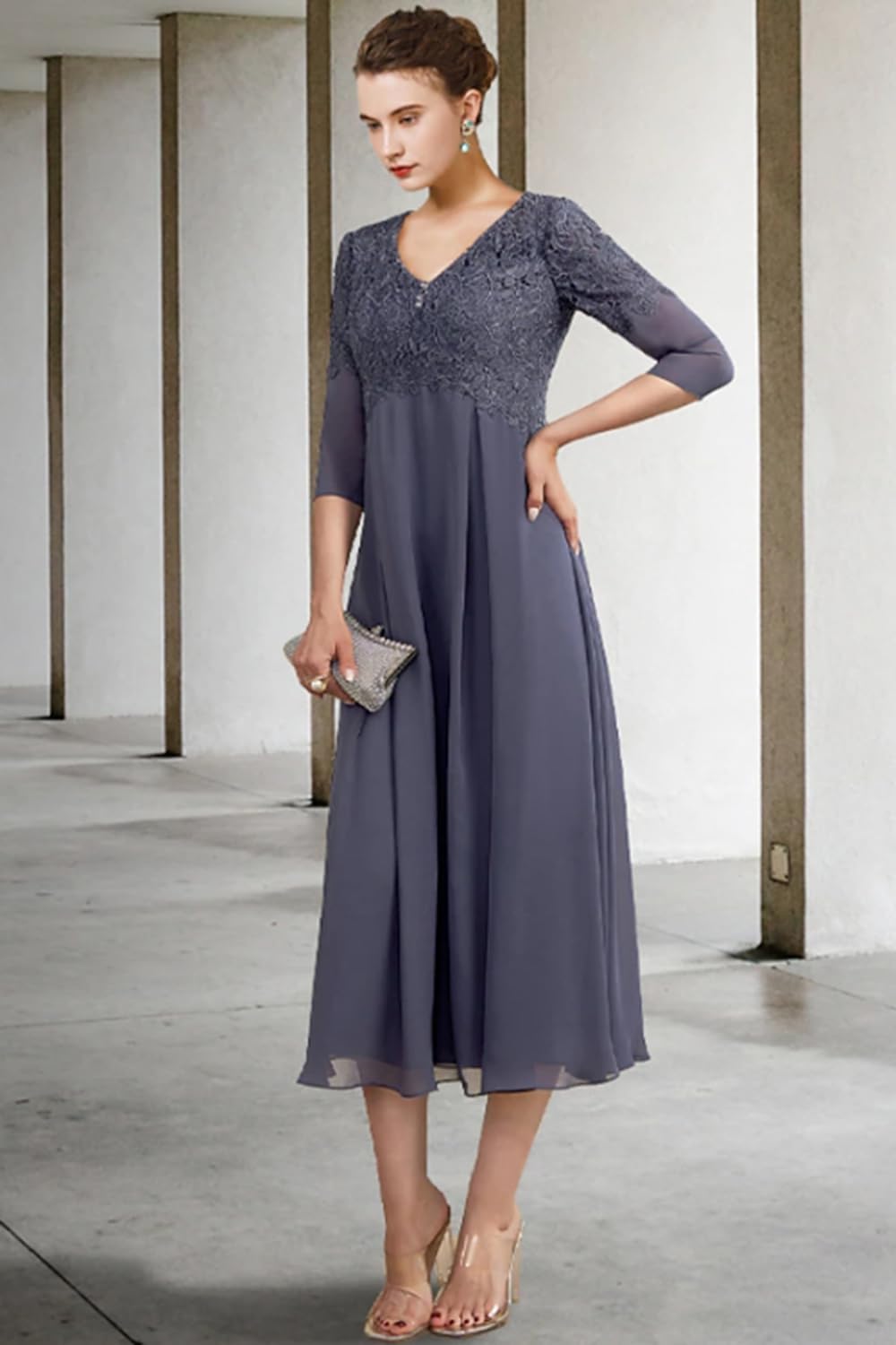 Classy Tea Length Mother of The Bride Dresses for Wedding Elegant A Line Lace 3/4 Sleeve Formal Wedding Guest Dress