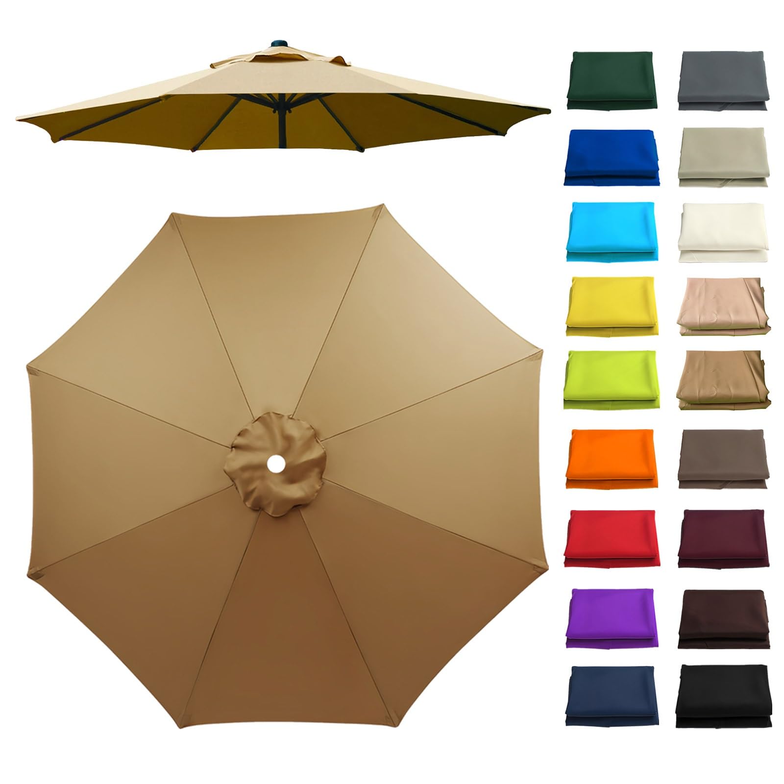 6.6/7.5/8.2/8.9/9.8/11.5Ft Patio Umbrella Replacement Canopy, Umbrella Canopy Replacement, UV Protection, 6/8 Ribs, Breathable, for Pool, Deck & Yard(Khaki,8 ribs: 2m/6.6ft)
