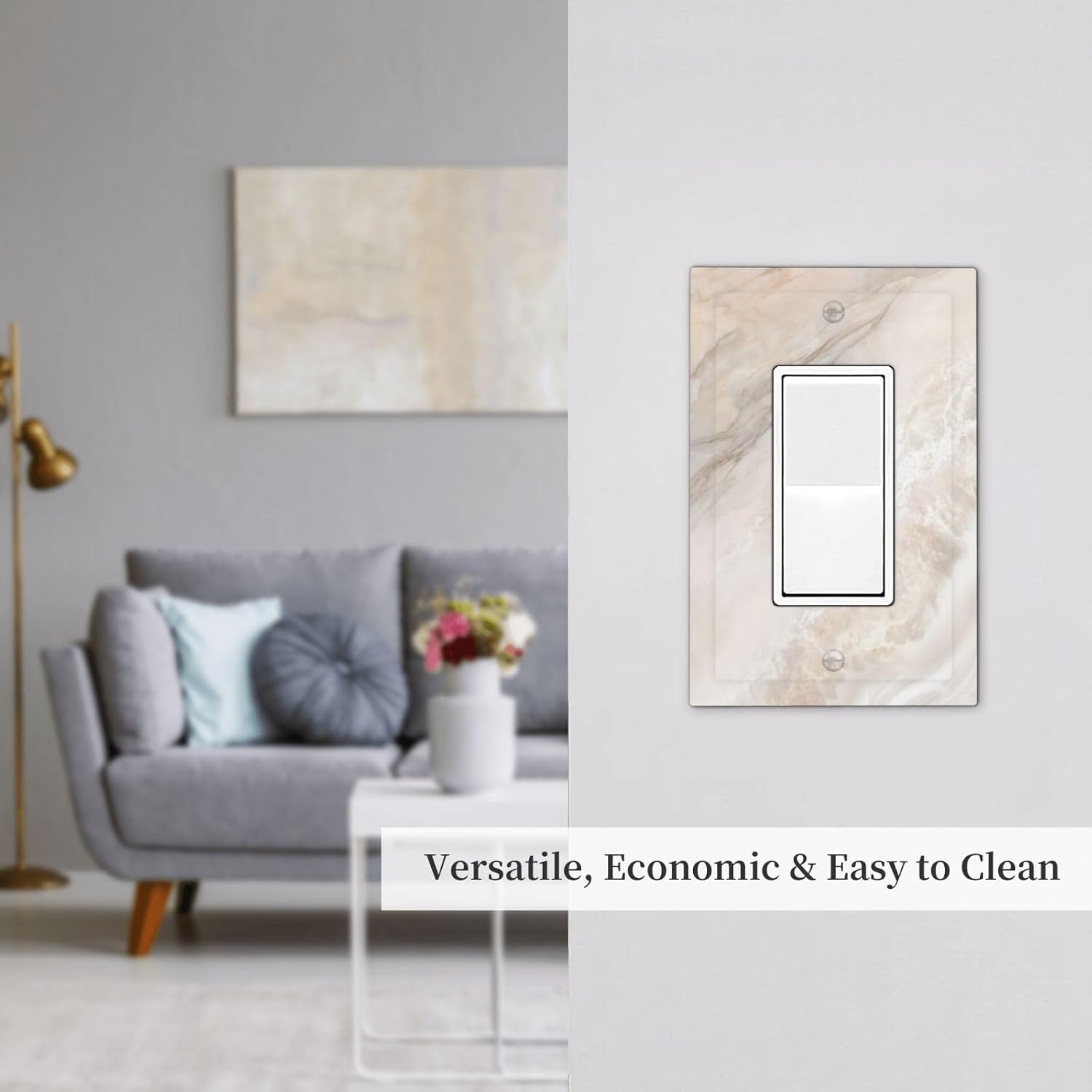 Matte White Gold Marble Abstract Luxurious Print Light Switch Cover Decorative 1 Gang Single Rocker Wall Plate Switchplate Receptacle Lightswitch for Kitchen Bedroom