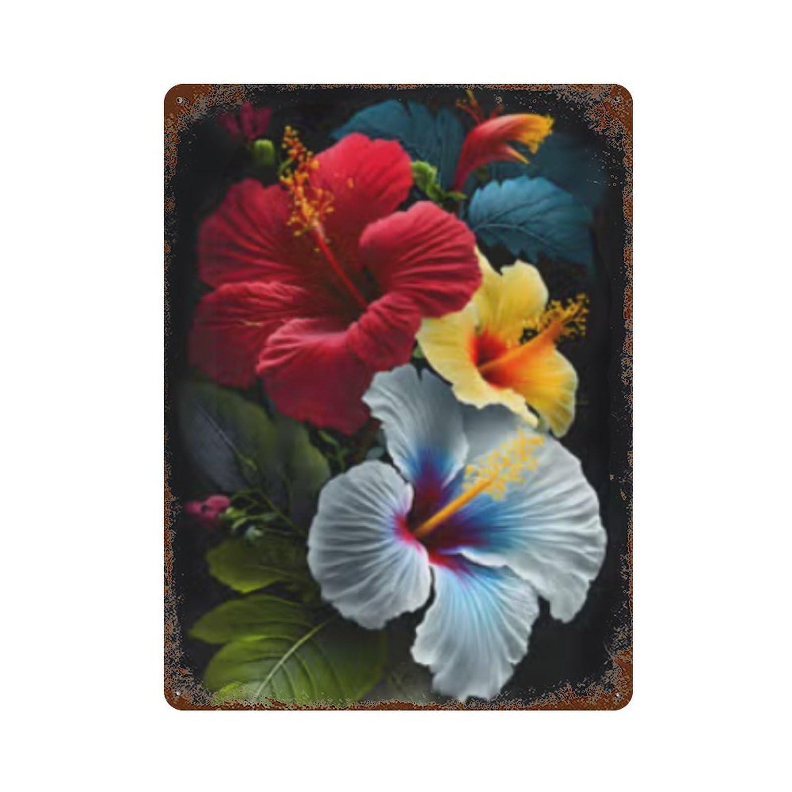 Hibiscus Flower Painting Retro Metal Sign 15.7"x11.8", Shabby Chic Decor for Bistro, Counter And Cafe Decor