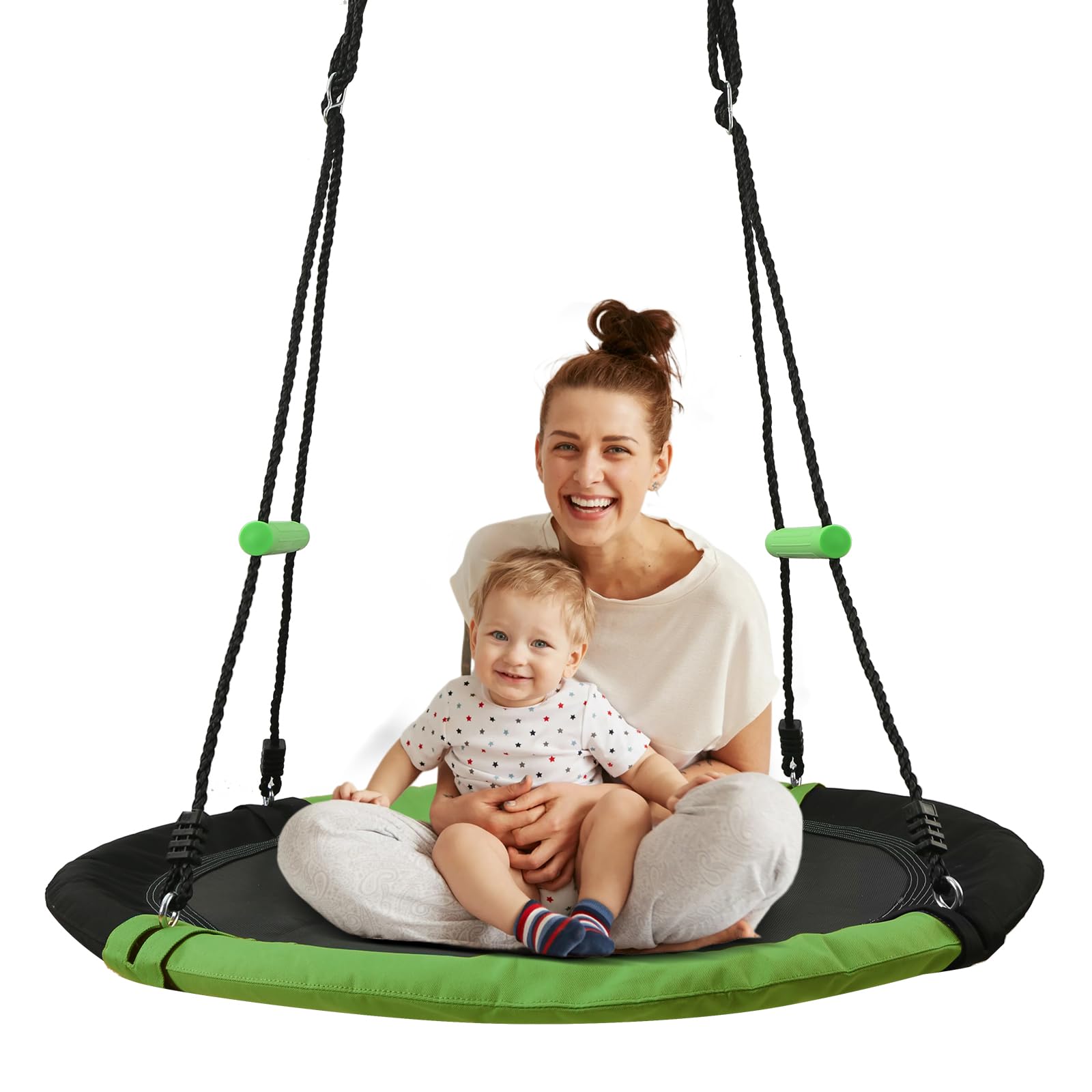 YSEJOMP Black Round Saucer Swing with Handles -Made of Sturdy Frame,PP Mat,Adjustable Multi-Strand Ropes,Safe and Durable for Yard Garden Playground Park (Black and Light Green, 40 inches)