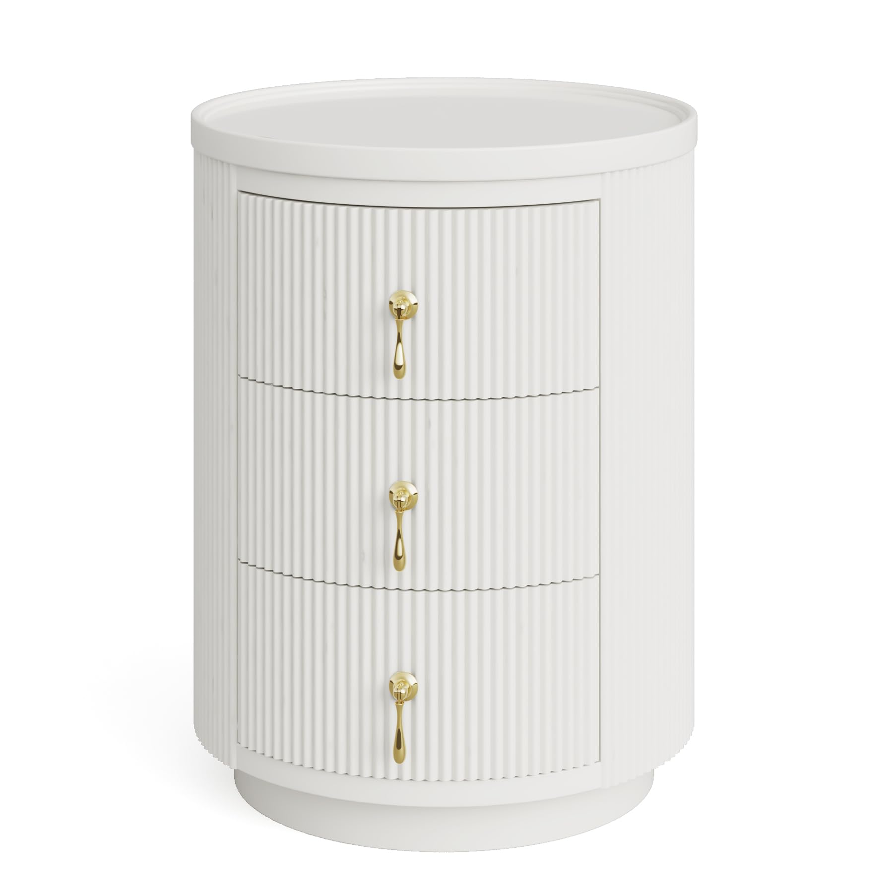 Tribesigns 3 Drawers Nightstand, Small Round End Side Table with Storage | No Assembly Required, 15.94"D x 15.94"W, For Bedroom, Gold Handles, White