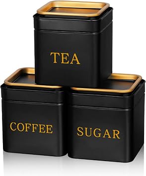 3-piece sugar bowl, tea caddy, and coffee caddy set Black SMetal Containers Airtight Metal Coffee Jar with Gold Lid for Home Food Storage Flour Spice Kitchen Decor Cafe Accessories