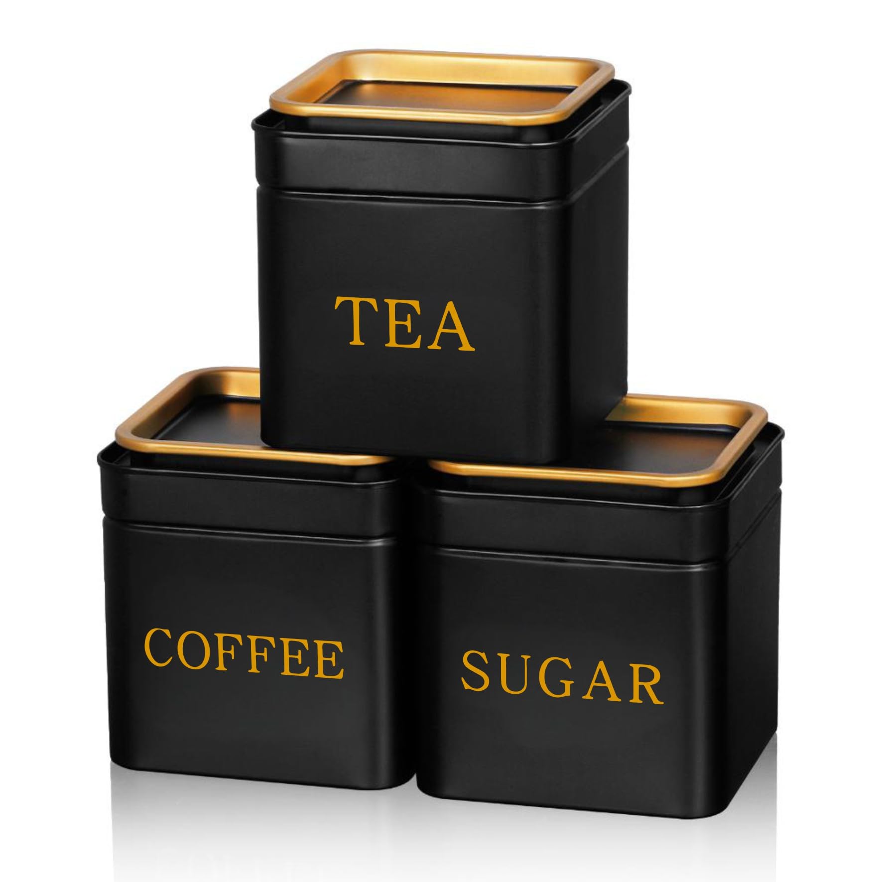 Yuecda 3-piece sugar bowl, tea caddy, and coffee caddy set Black SMetal Containers Airtight Metal Coffee Jar with Gold Lid for Home Food Storage Flour Spice Kitchen Decor Cafe Accessories