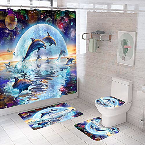 flowerlove Jumping Dolphins Shower Curtain Sets with Rugs Colorful Bubbles Printed Shower Curtain for Bathroom Waterproof Dolphins Bathroom Sets with Durable Bath Curtain and 12 Hooks