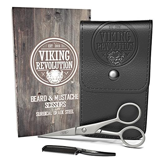 Viking Revolution - Beard and Mustache Scissors w/Comb and Synthetic Leather Case Professional Sharp Surgical Grade Steel for Trimming, Grooming, Cutting Mustache, Beards & Eyebrows Hair
