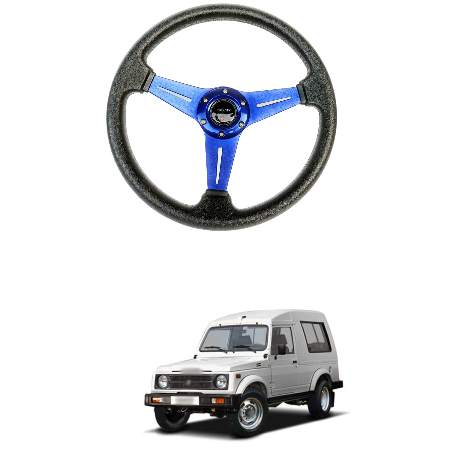 PRIKNIK Steering Wheel Sports Car Look Racing/Golf Cart Rally Off Roading B-olts Grip Vinyl Leather & Aluminum with Horn Button Compatible with G-ypsy M-G-310