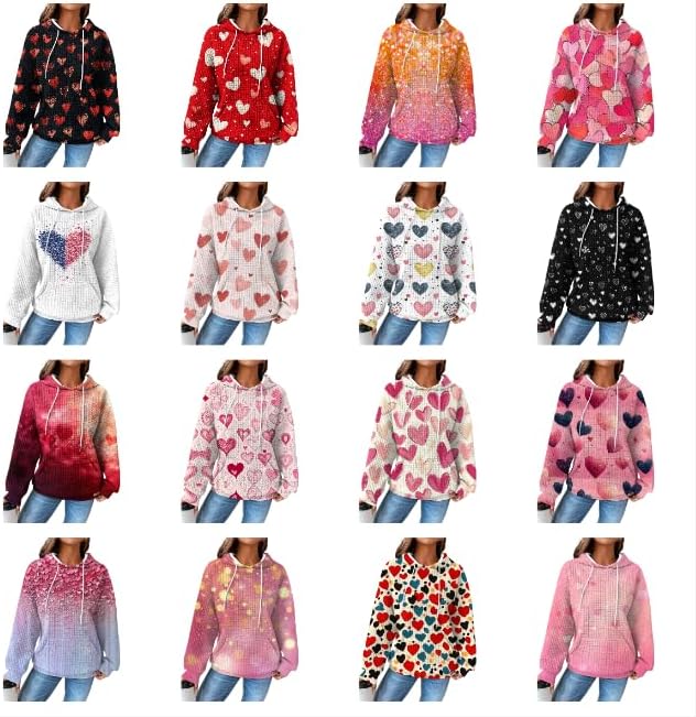 Womens Long Sleeve Hoodie Casual Heart Print Hooded Sweatshirt Trendy Outfits with Pockets - Image 3