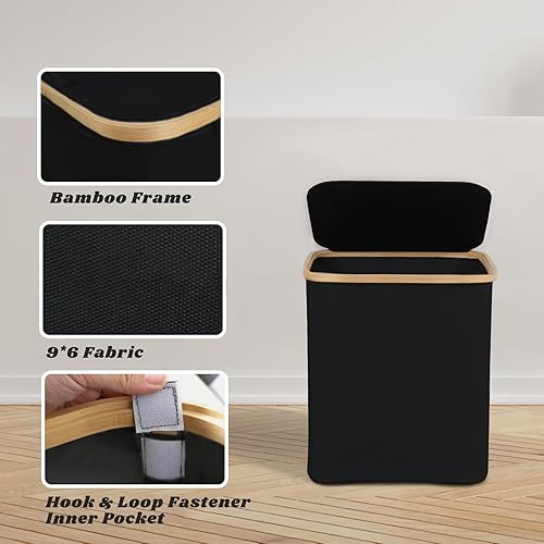 Miniatura 3 de 2THESTARS Cesta de lavandería delgada con tapa y bolsa extraíble, barra de soporte de bambú rígida, cierre de gancho y bucle, bolsa de lavandería