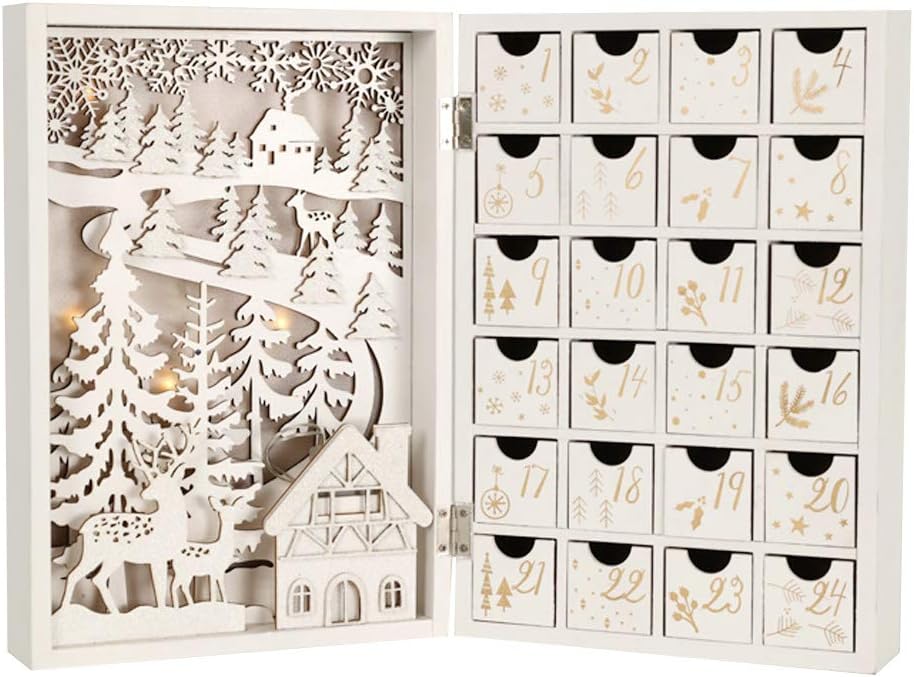 PIONEER-EFFORTChristmas Reusable Wooden Advent Calendar Book with Drawers Countdown to Christmas Decoration (White with Forest)