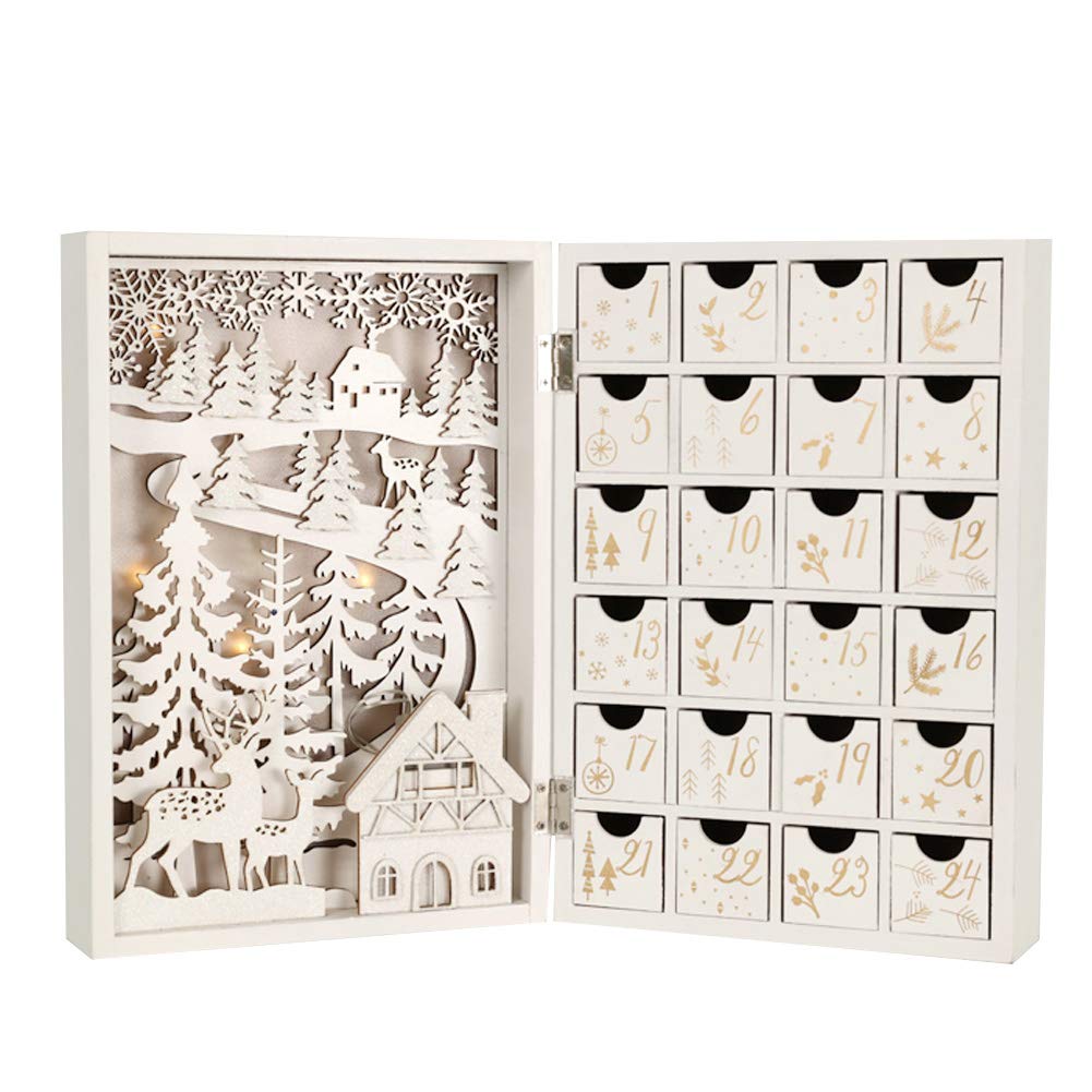 PIONEER-EFFORTChristmas Reusable Wooden Advent Calendar Book with Drawers Countdown to Christmas Decoration (White with Forest)