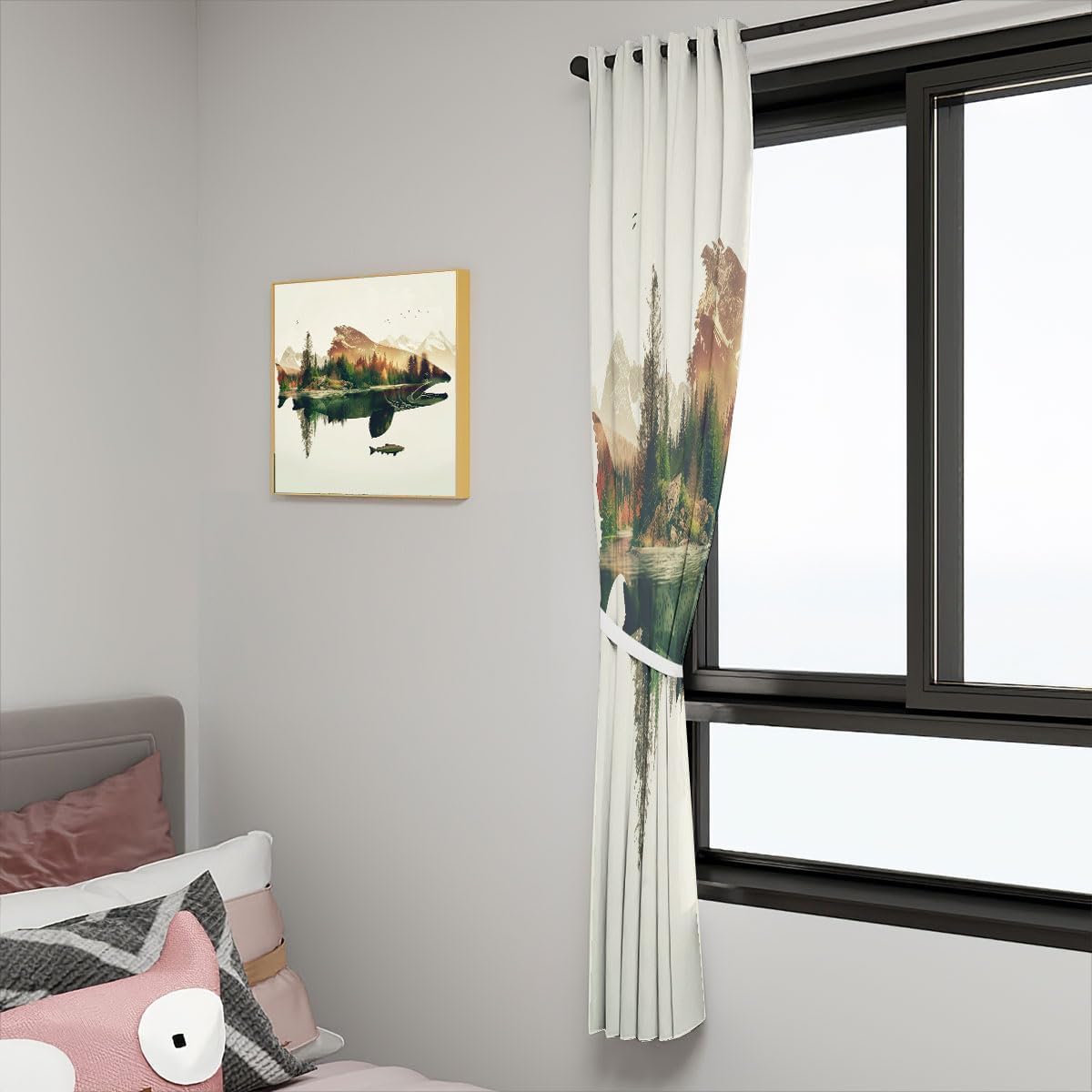 Rusticd Fish Blackout Curtains for Girls Boy Home Decor, Retro Salmon Vintage Fishing Forest River Grommet Thermal Insulated Drapes Darkening Window Curtain for Bedroom Living Room, 42 x 45 Inch