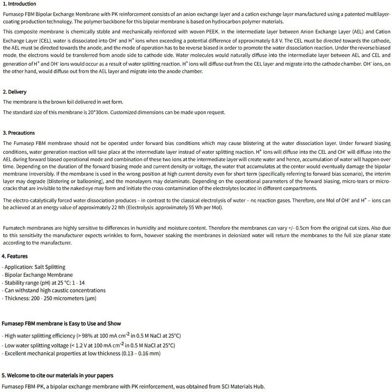 FBM-PK Bipolar Membranes for Salt Splitting - High Stability, Chemically Resistant, 0.2-0.25mm Thickness(20CM*30CM)
