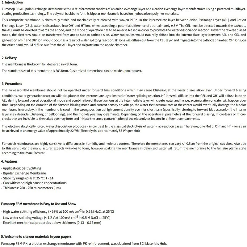 FBM-PK Bipolar Membranes for Efficient Salt Splitting - High Stability, pH 1-14, 0.2-0.25 mm Thickness(10CM*10CM)