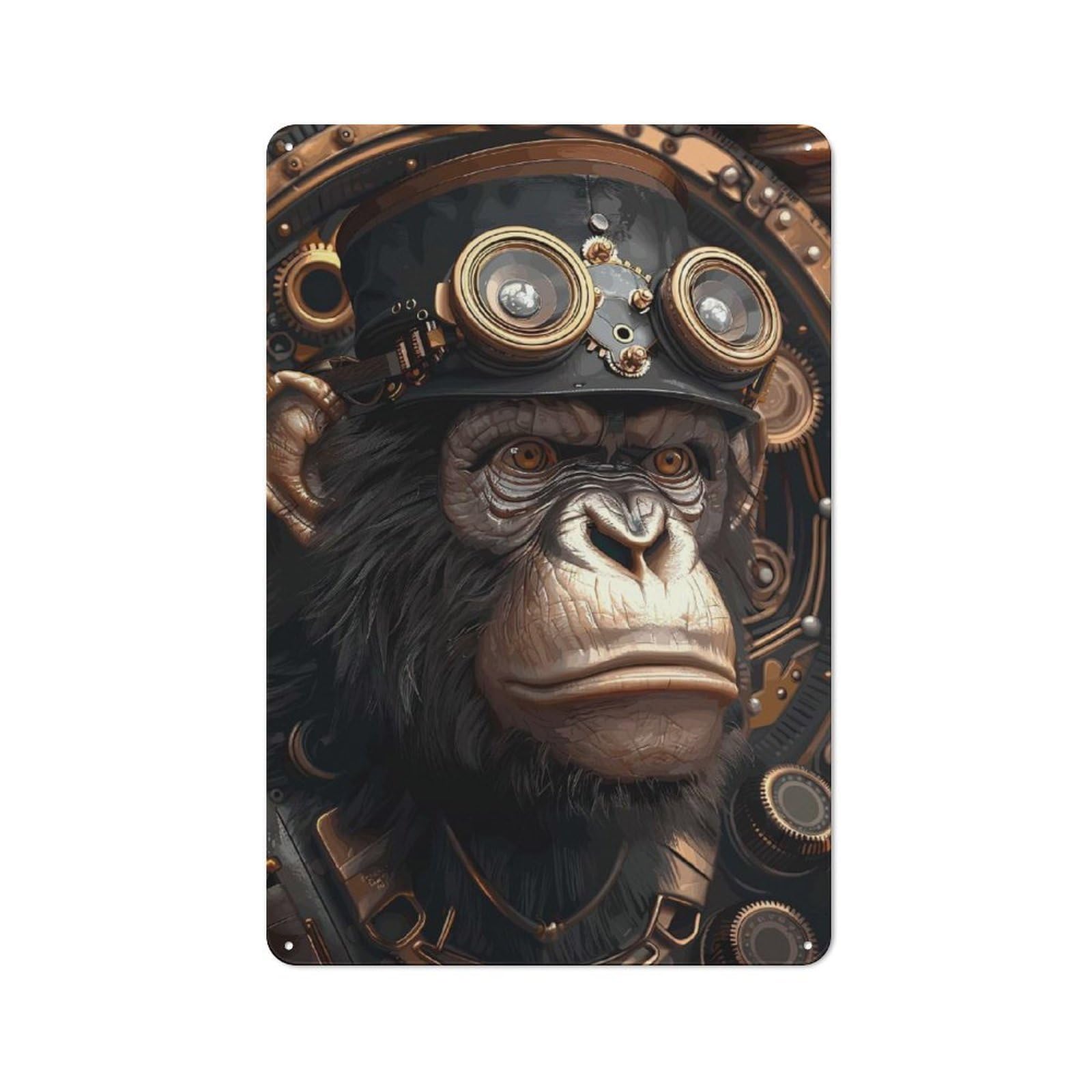 Junmoney Steampunk Chimp Ape Animal Retro Metal Wall Sign 30X20cm With For Living Room Wall, Housewarming Wall Decor For People Furnishing Living Room