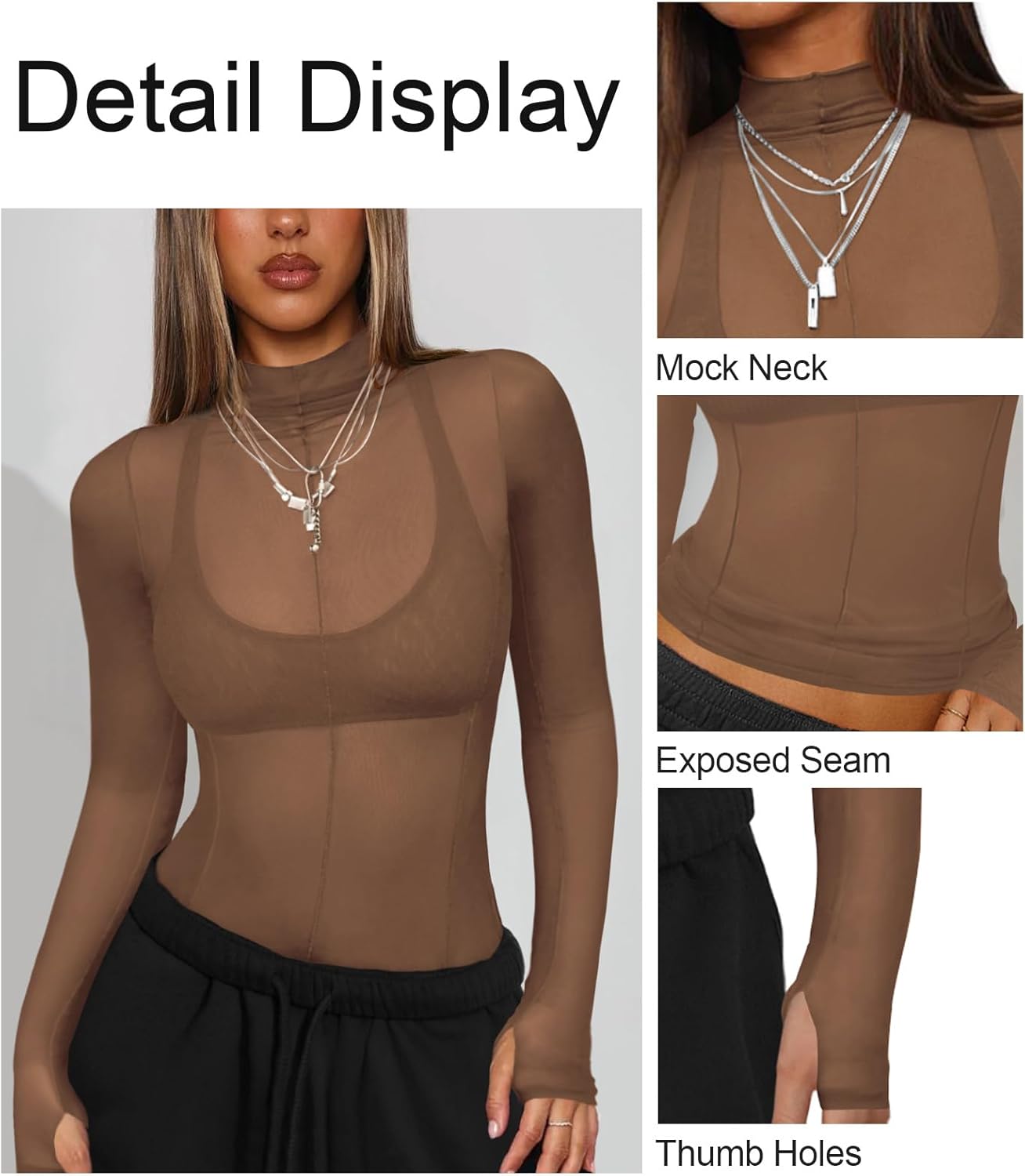Mesh Sheer Long Sleeve Layering Tops for Women Mock Neck Sexy Going Out Lace Tee Shirt See Through Party Club Concert Blouse - Image 2
