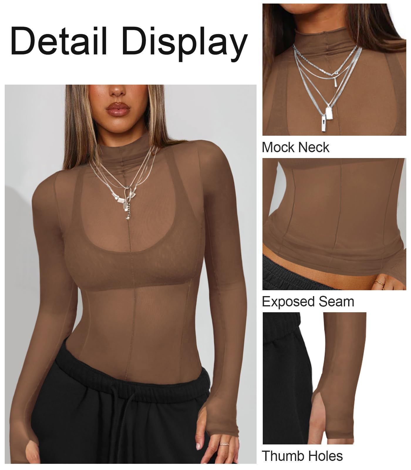 Hragc Haut à manches longues en maille transparente pour femme, col montant, taille L | Haut sexy transparent à col roulé pour femme, t-shirt en dentelle extensible, chemisier de concert, tenue de raves