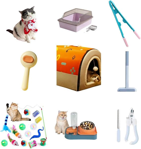 Litter Box, Kitten Starter kit, cat House, Food Water Feeder, Nail Clipper Grinder Trimmer, Toys, Clamp for cat Canthus gunk,Self-Cleaning Comb,